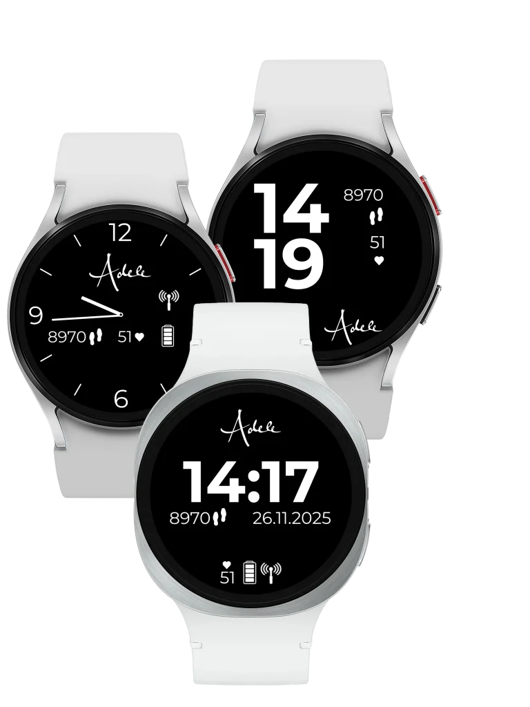 Nahaufnahme der Gesundheitsuhr ADELE mit Anzeige der Herzfrequenz und Notruf-Knopf.