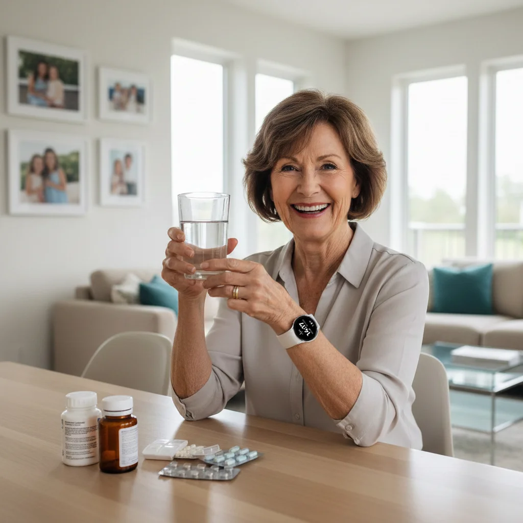 Seniorin achtet auf ihre Gesundheit und Hydration unterstützt durch das Vitalwert-Monitoring der ADELE Uhr.