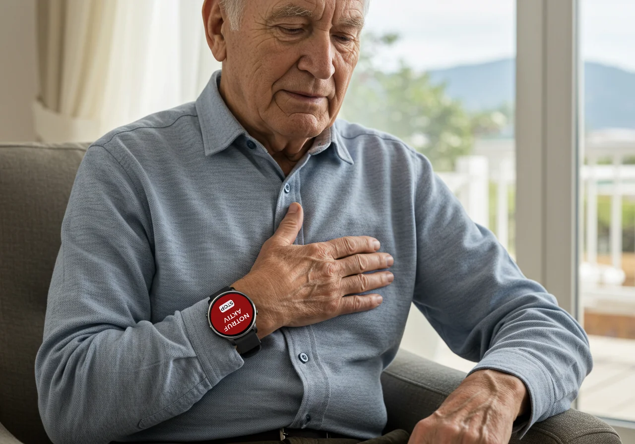 Seniorin löst im Ernstfall den SOS-Notruf über ihre almaphil Notfalluhr aus.