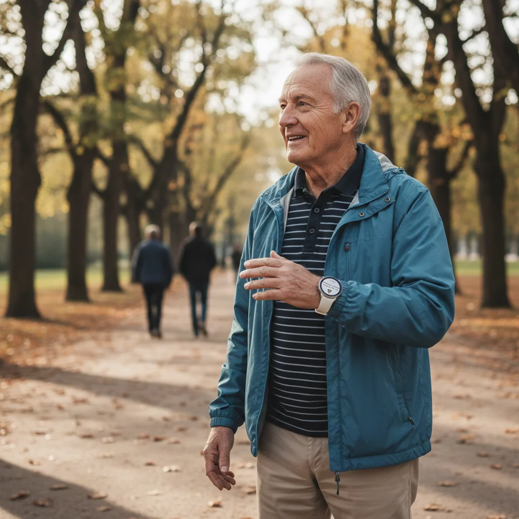 Ein Senior entspannt im Park mit der ADELE Uhr, während die GPS-Ortung und Geo-Fence-Zonen für maximale Sicherheit im Freien sorgen.