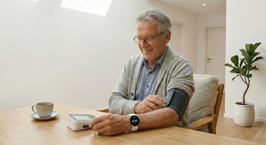 Blutdruckmessung am Handgelenk mit der ADELE Gesundheitsuhr für ein kontinuierliches Monitoring der Vitalwerte.