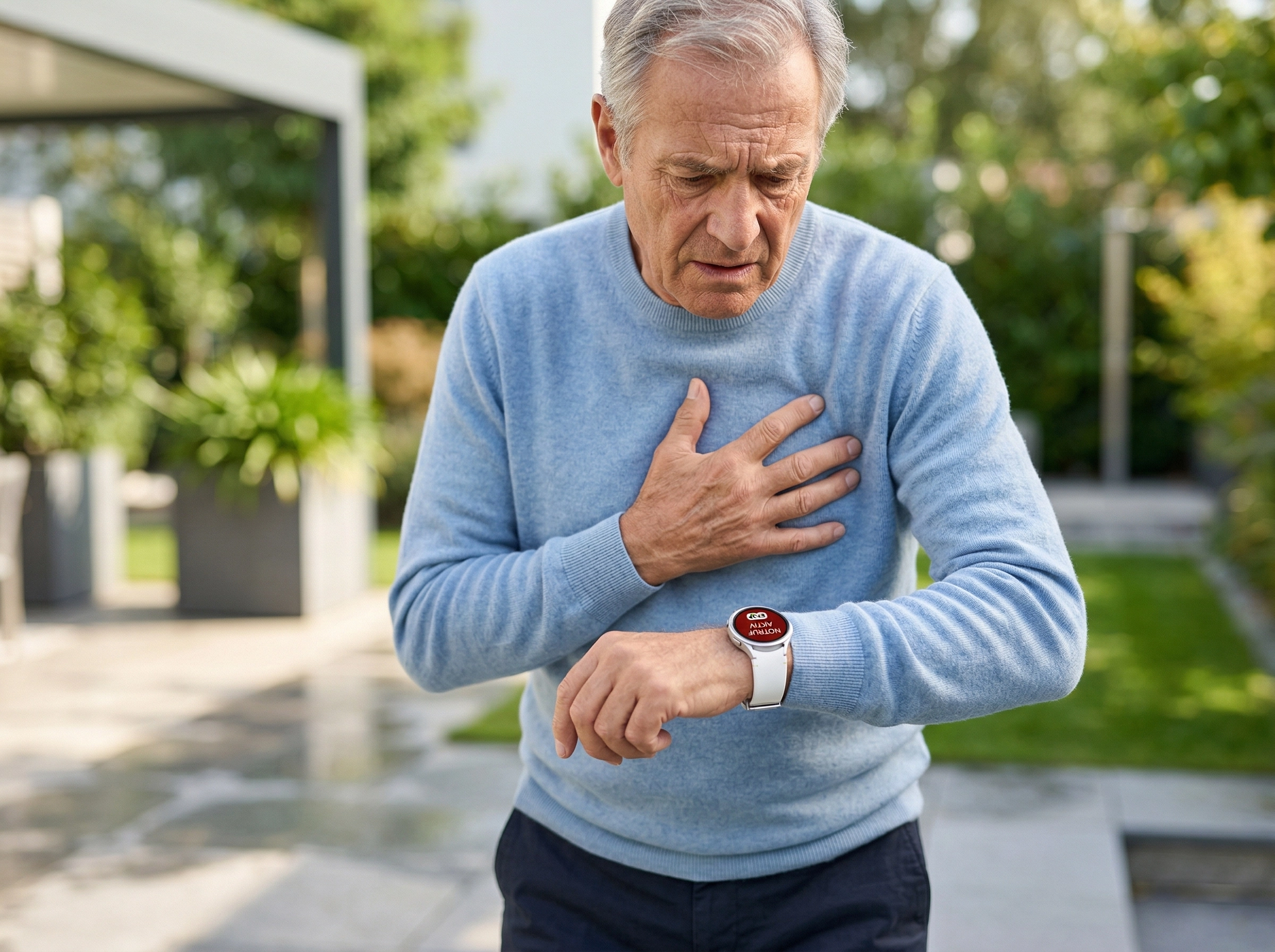 Senior löst im Ernstfall den SOS-Notruf über Almaphil Notfalluhr aus.