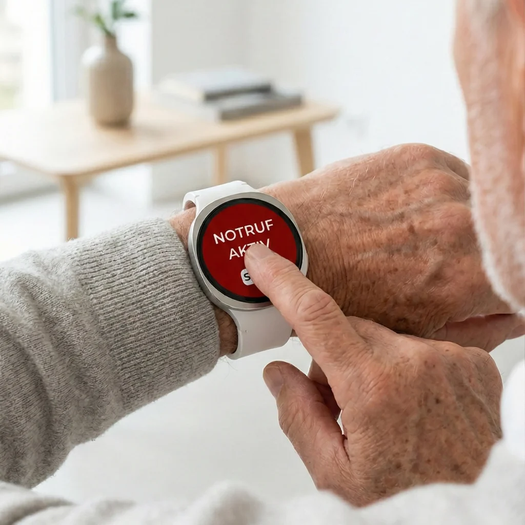 Nahaufnahme der Arme einer älteren Person, die zur Funktionsprüfung den roten SOS-Notrufknopf auf der ADELE Uhr drückt.