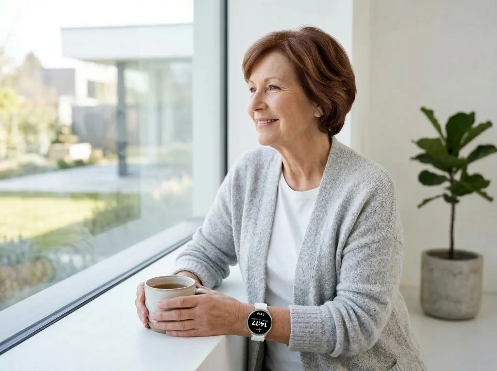 Ältere Damen mit Notrufuhr steht zufrieden am Fenster