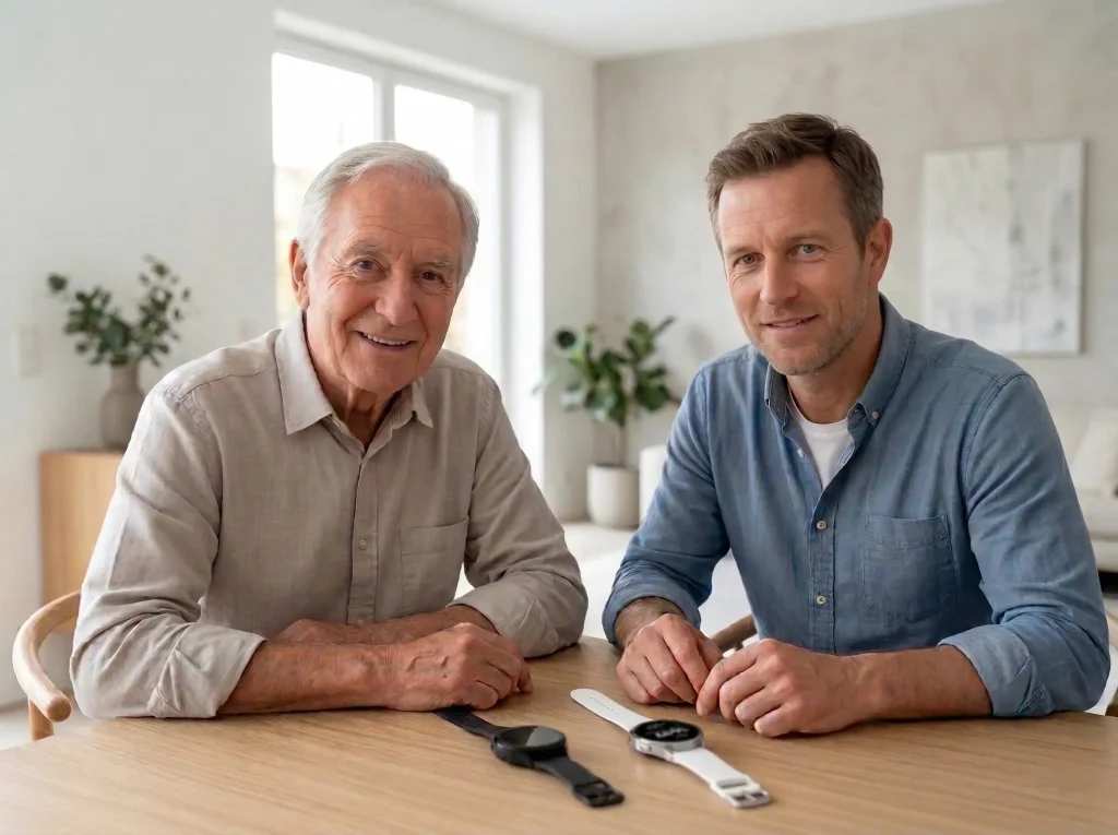 Vater und Sohn sitzen zuhause und vergleichen Smartwatch und Notrufuhr