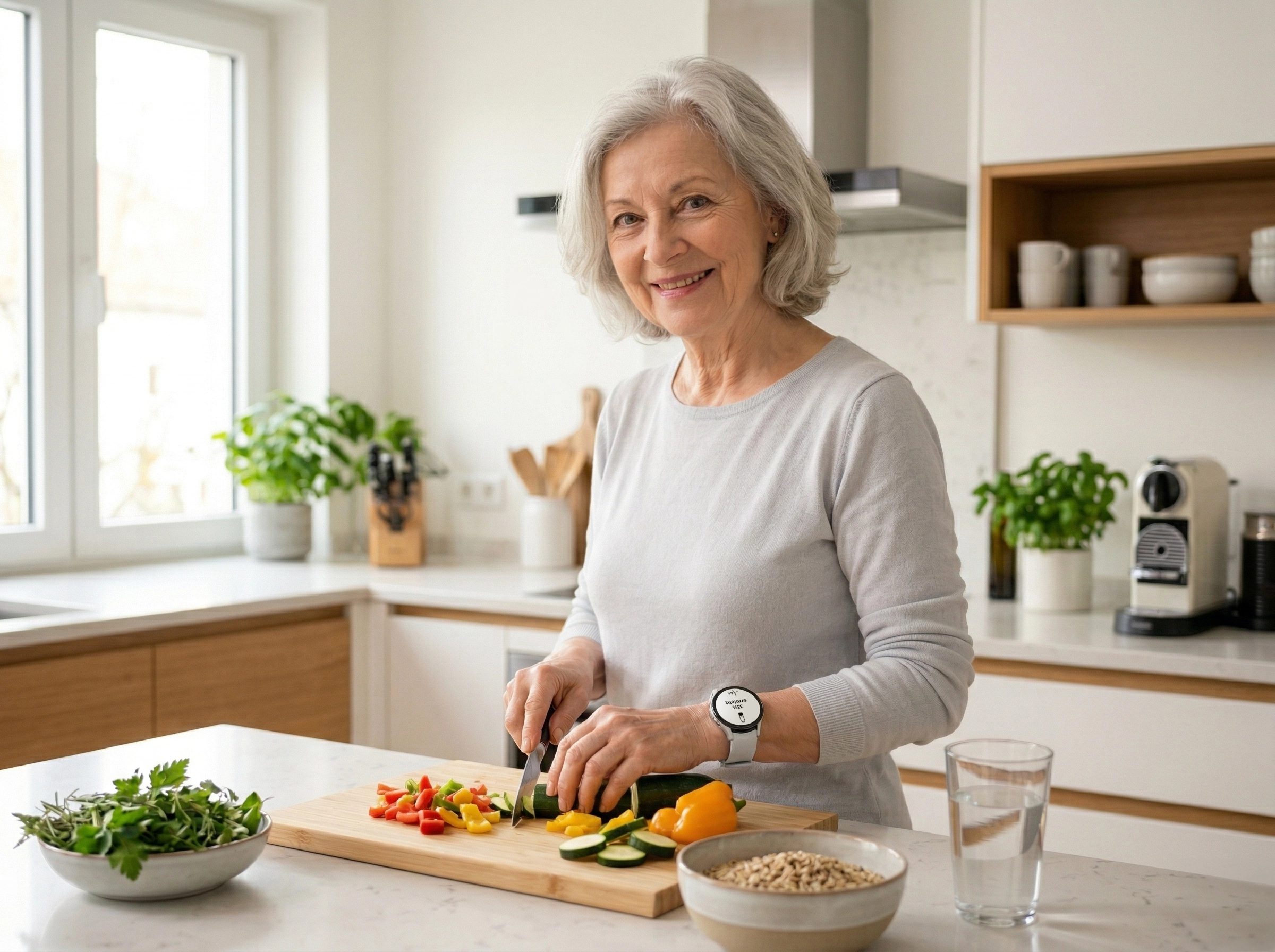 Seniorin trägt Notrufuhr im heimischer Küche.