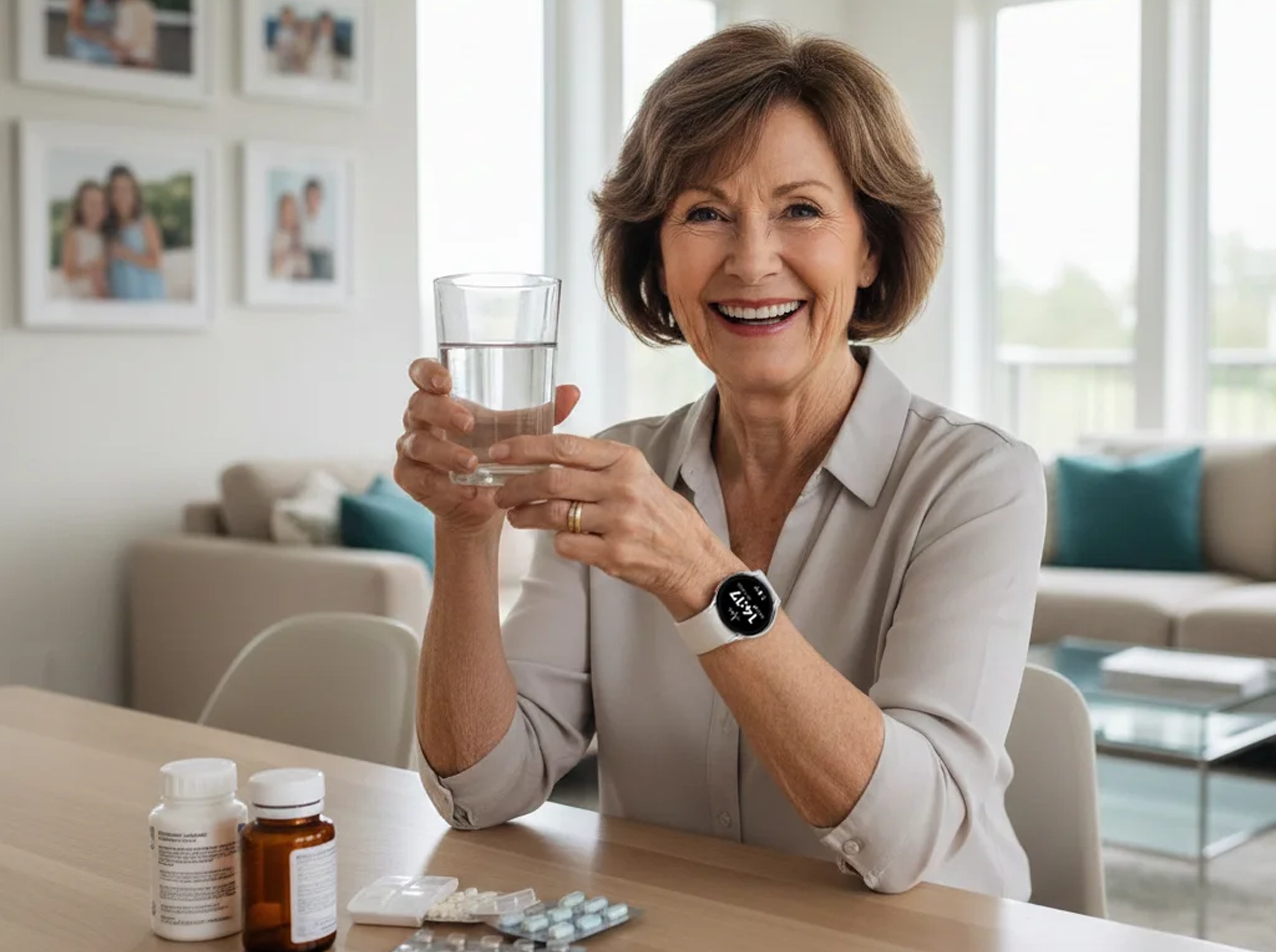 Seniorin achtet auf ihre Gesundheit und Hydration unterstützt durch das Vitalwert-Monitoring der ADELE Uhr.