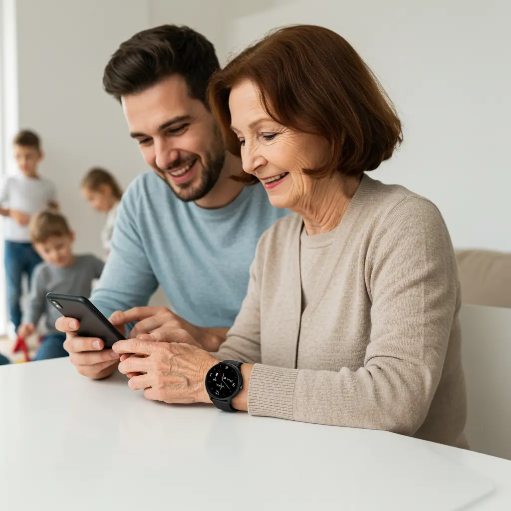 Oma und Enkel schauen gemeinsam auf das Handy, um die „Sichere Liste“ in der ADELE App gegen unerwünschte Anrufe zu verwalten.